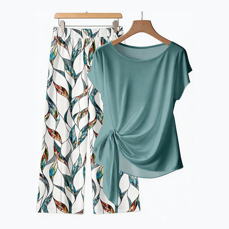 ⏰ 50 % RABATT – Nur für kurze Zeit ✨ Damen-Set: Oberteil mit seitlicher Bindung & stylische gemusterte Hose ✨ Sommerlook, bequem & modern