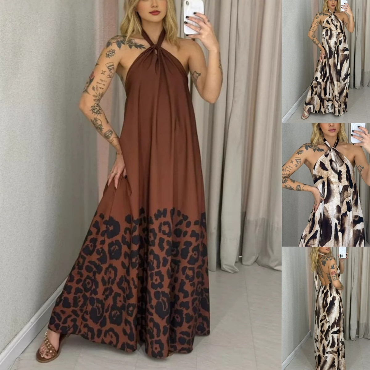 Damenkleid mit Neckholder-Ausschnitt und Blumenmuster - Maxilänge für Sommer & Urlaub