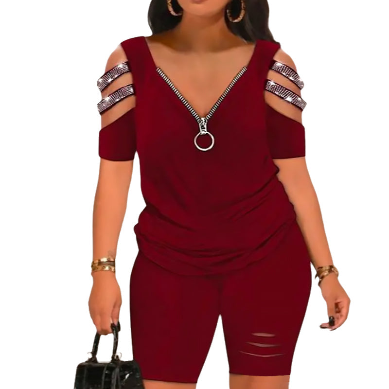 Zweiteiler: V-Ausschnitt-Top mit Reißverschluss und Shorts