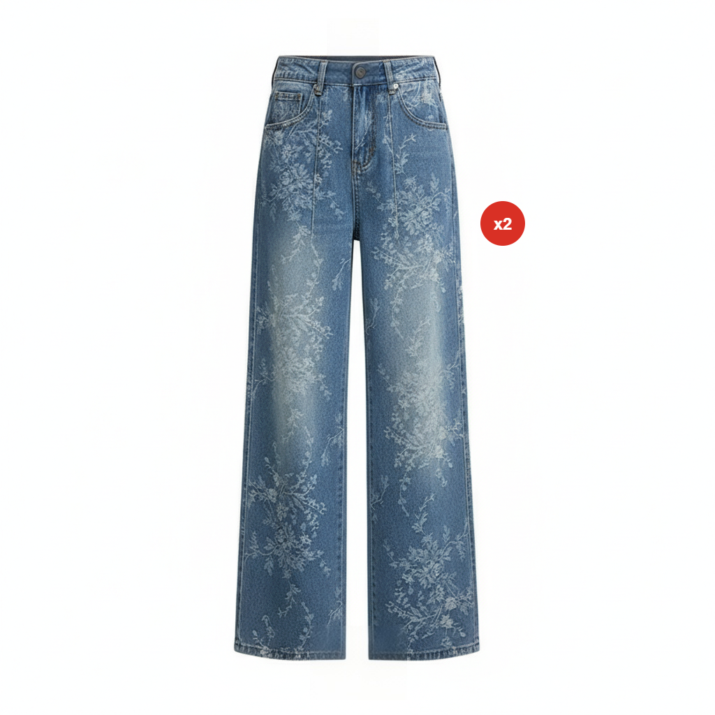 Damen Jeans mit Blumen-Jacquard & weitem Bein