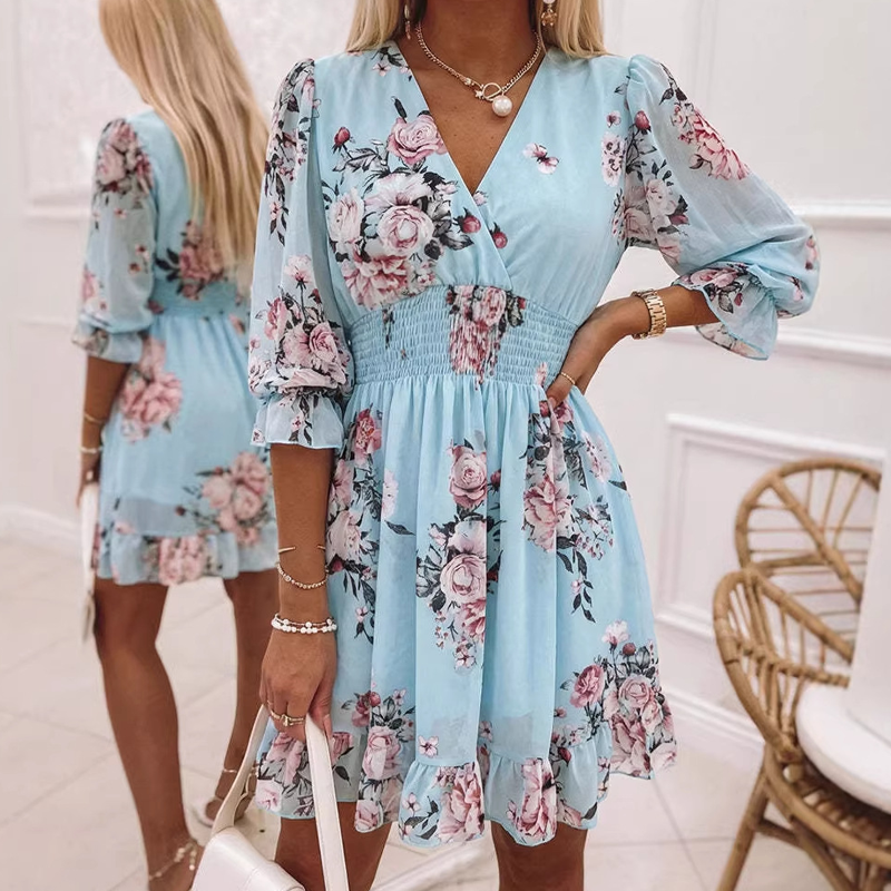 A-Linien Kleid für Damen – V-Ausschnitt, Blumenmuster, Rüschensaum – luftig & feminin – ideal für Frühling & Sommer🌷👗