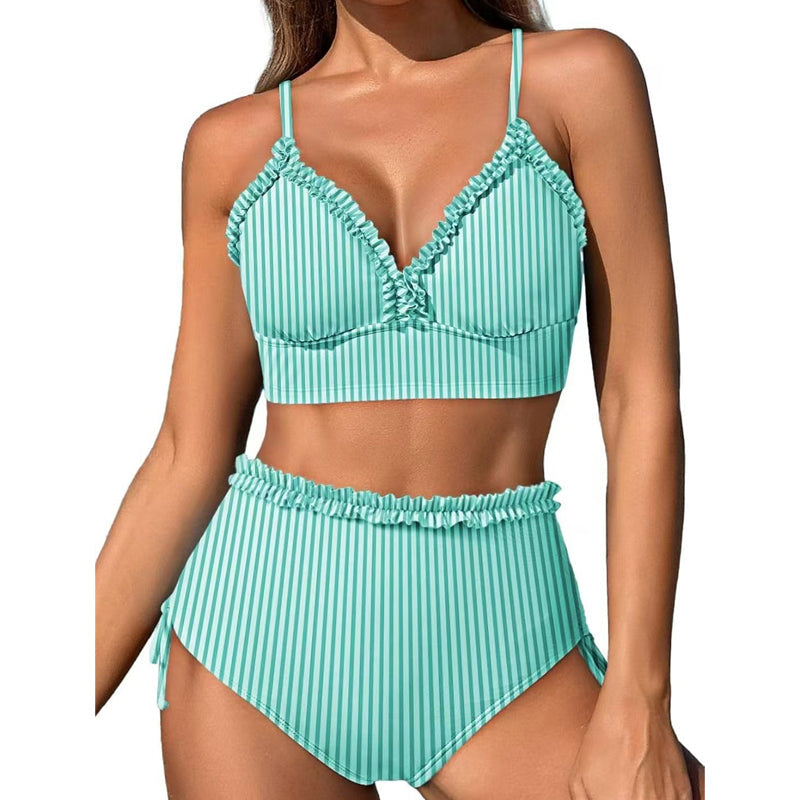 Gestreiftes Bikini-Set mit Rüschen & hohem Bund – feminin, bequem & sommerlich – ideal für Strand & Pool👙🌊