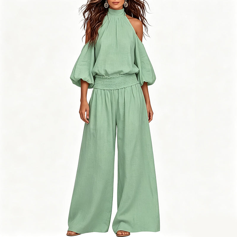 🔥 50% RABATT! 🌸 Damen 2-teiliges Set ✨ Cold-Shoulder Neckholder-Top & Weite Hose – Leicht, Elegant & Perfekt für Sommer, Urlaub und Freizeit