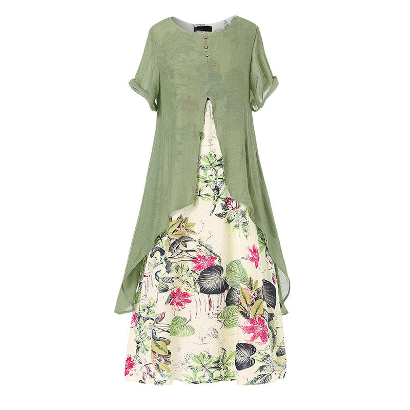 🛍️ 50 % Rabatt – Kurzarm-Kleid aus Leinenmix – als Fake-Two-Piece, mit Rundhalsausschnitt & weiter Rock – leicht & vielseitig für warme Tage 🌸