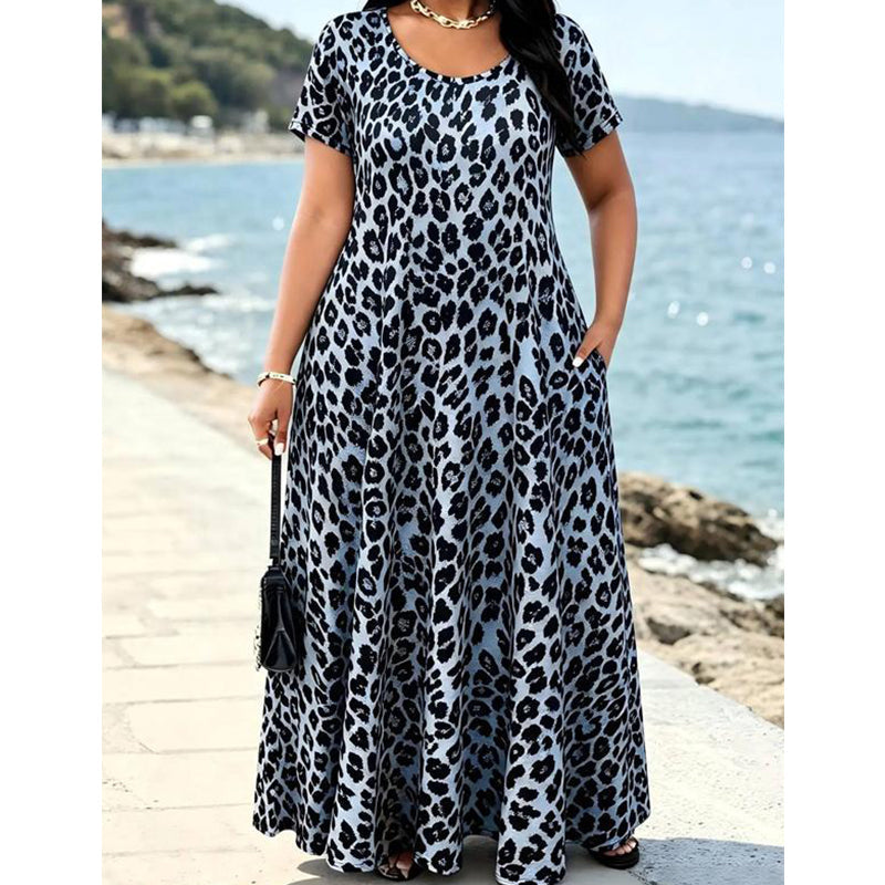đDamen Leopardenmuster Maxi-Kleid mit Taschen LĂ€ssiges Kurzarm Langes Kleid