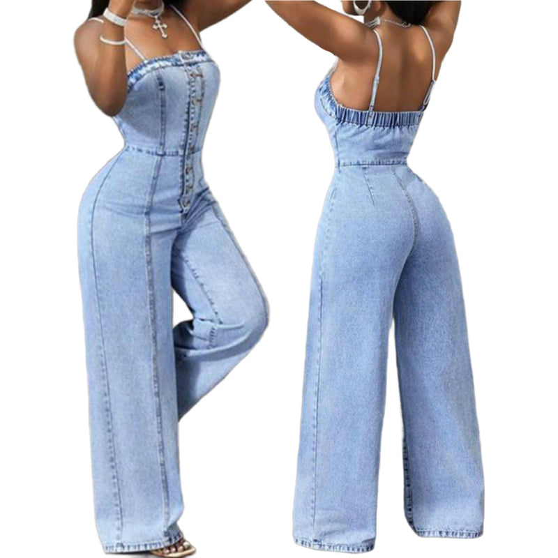 đ 50% RABATT! ⨠DamenâJeansoverall mit Spaghettiträgern und weitem Bein â Lässiger Sommerlook