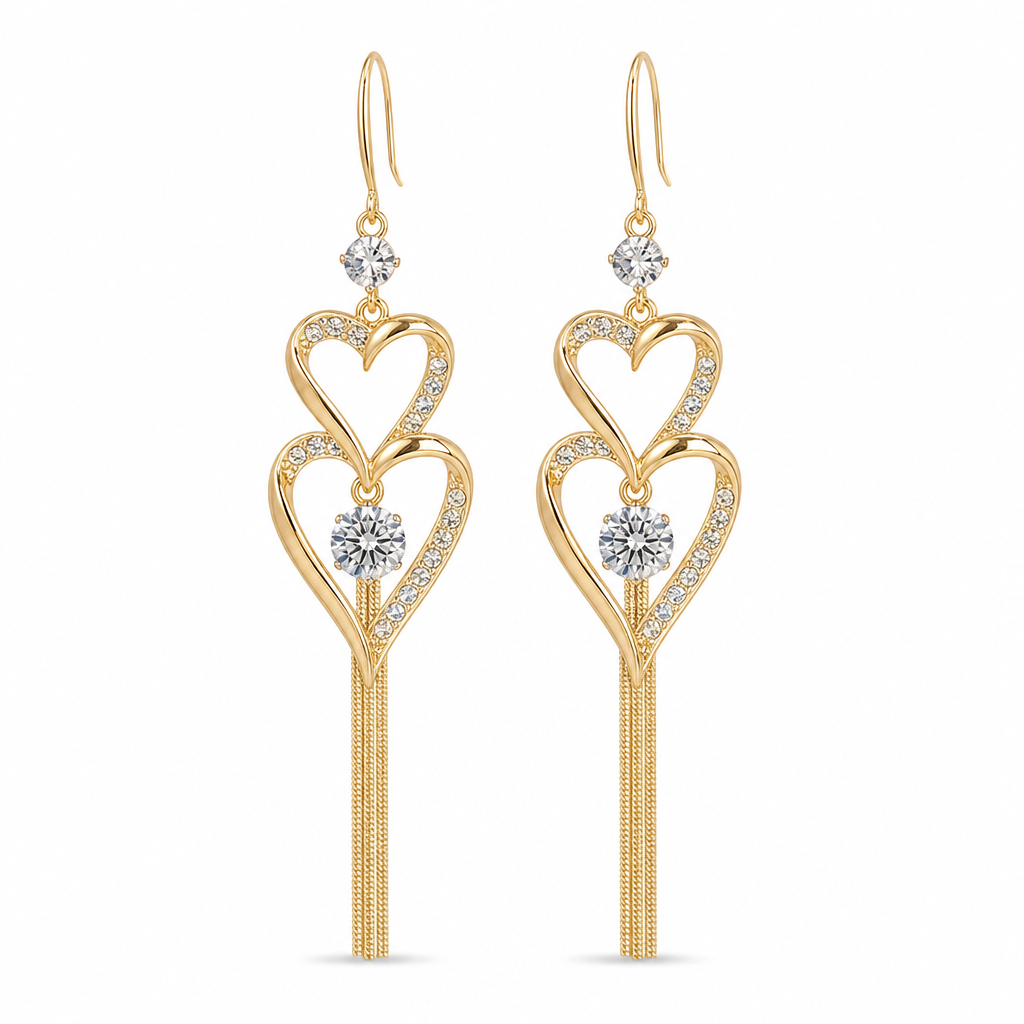 💫Elegante vergoldete Doppel Herz Quasten Ohrringe mit Strass für Damen💎