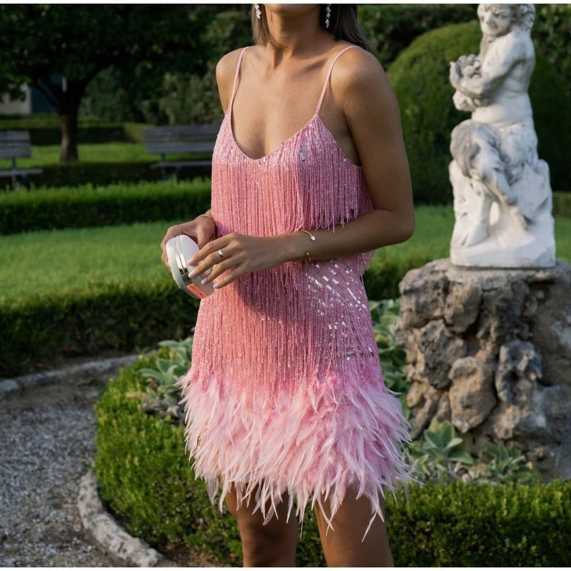 ✨🎅Weihnachtsangebote – Nur für kurze Zeit!⏰Damenkleid mit Federfransen und Pailletten-Spaghettiträgern
