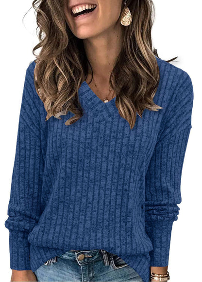 🔥Solange der Vorrat reicht 50% Rabatt!🎉Damen-Pullover mit V-Ausschnitt und langen Ärmeln in Uni-Farbe