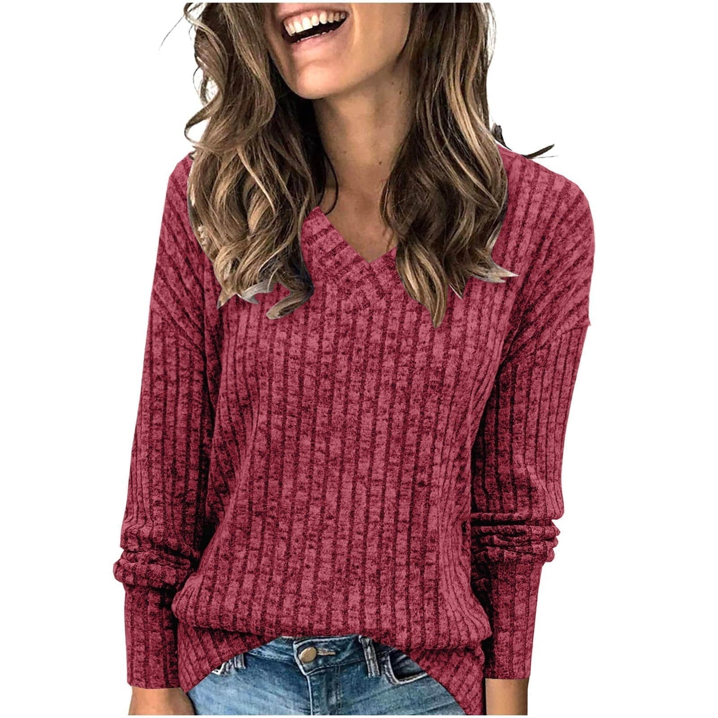 🔥Solange der Vorrat reicht 50% Rabatt!🎉Damen-Pullover mit V-Ausschnitt und langen Ärmeln in Uni-Farbe