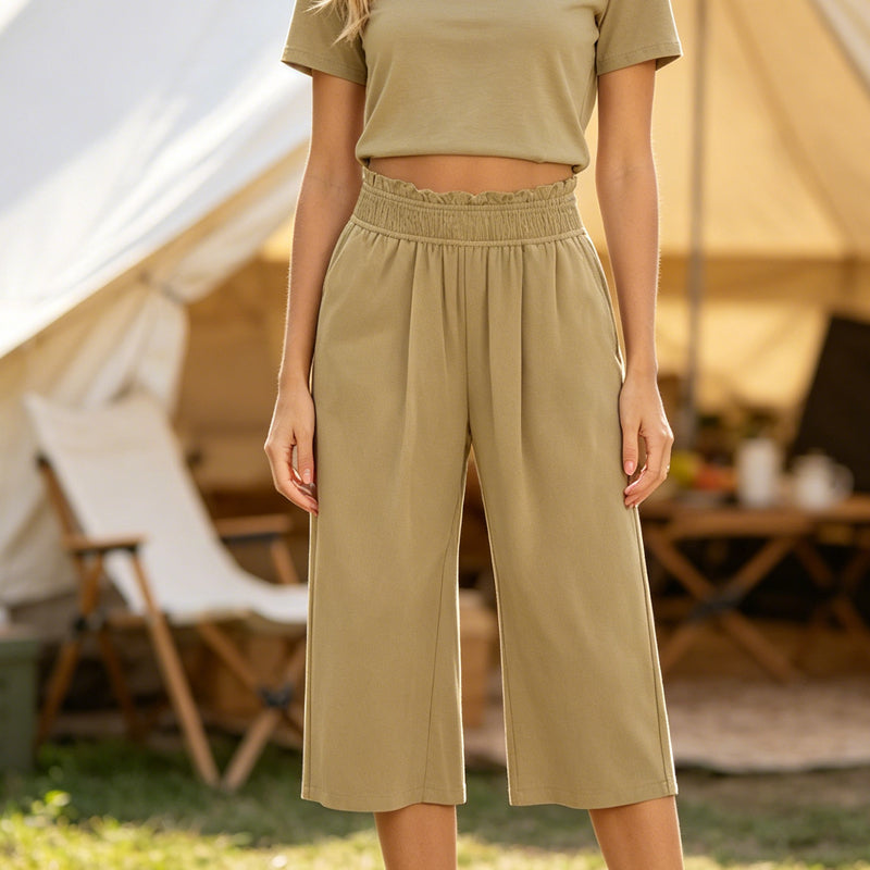👖 Damen-Freizeithose – einfarbige Weitbeinhose mit hohem Bund, Kordelzug & Taschen, 7/8-Länge, bequem & vielseitig für Alltag & Sommer ☀️