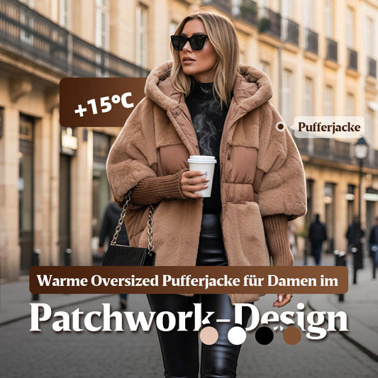 💓2025 Neu eingetroffen – 50 % Rabatt🔥Damen Oversized Pufferjacke mit Kapuze im Patchwork-Design🔥