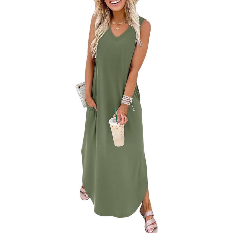 👗🌊 Damen Sommerkleid – Locker, Ärmellos, V-Ausschnitt mit Taschen, Ideal für Strand & Freizeit📦Kostenloser Versand🔥