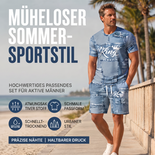 Herren Lässiges Kunstdenim-Print T-Shirt & Shorts Set