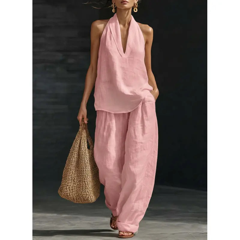 🧚‍♀️ Boho Linen Two Piece Set 🌞 Neckholder Trägertop & Weite Hosen Outfit