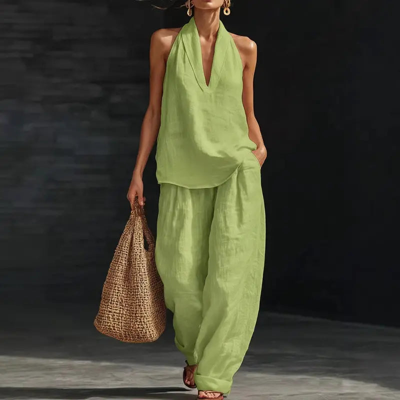 🧚‍♀️ Boho Linen Two Piece Set 🌞 Neckholder Trägertop & Weite Hosen Outfit