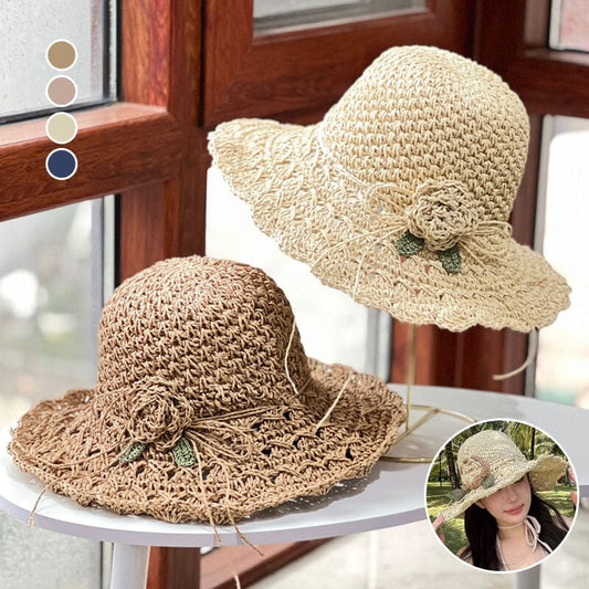 👒כובע קש סרוג אלגנטי עם פירוט סלסול