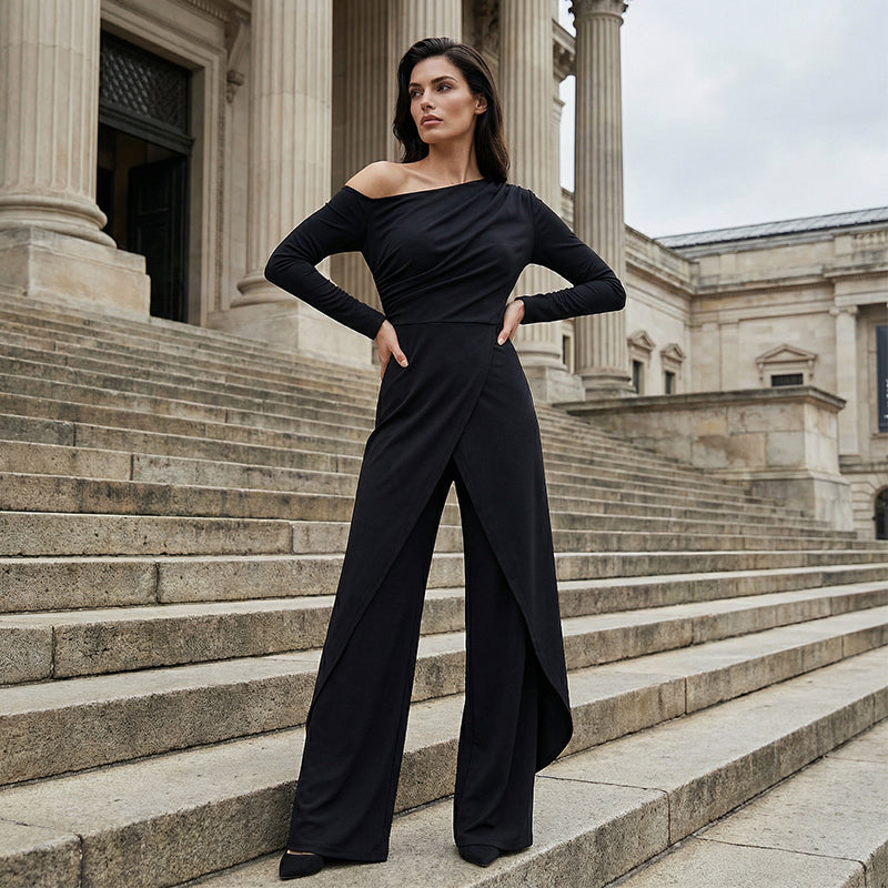 👗 Elegante Ein-Schulter-Jumpsuit für Damen – Weite Beine, Wickelrock-Design & Atmungsaktiv – Für Cocktailpartys & Hochzeiten