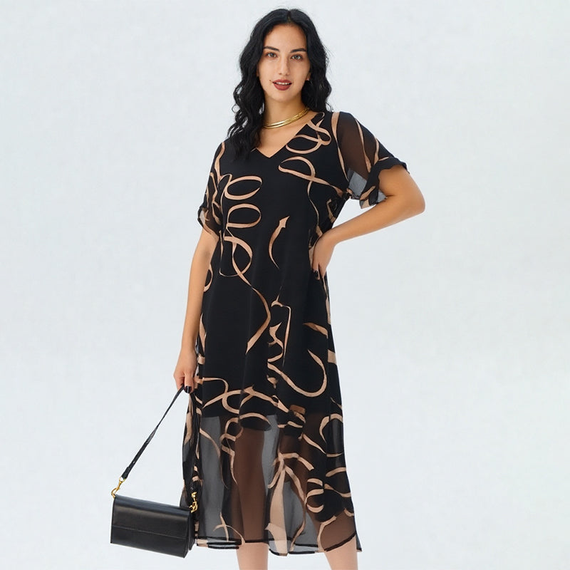 Fließendes Maxikleid mit V-Ausschnitt und Print