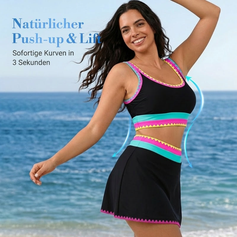 👙🌊 3-teiliges Damen Bikini-Set – Hohe Taille, Color-Block & Zickzack-Design für Strand & Urlaub