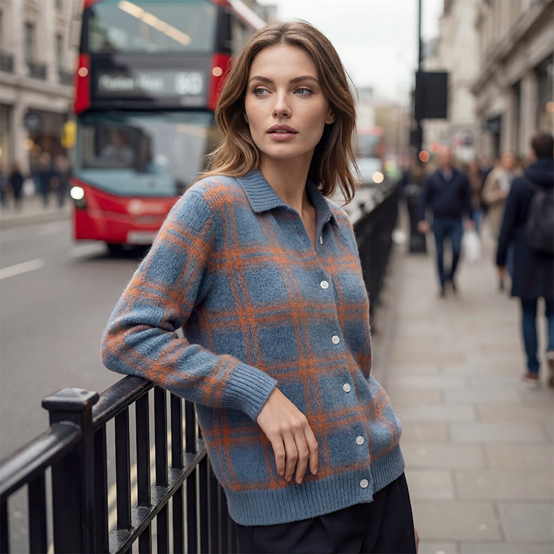 ⌛ Nur noch 3 Tage – 50 % auf alles! ⏰Damen-Strickjacke mit Karomuster und Knopfleiste