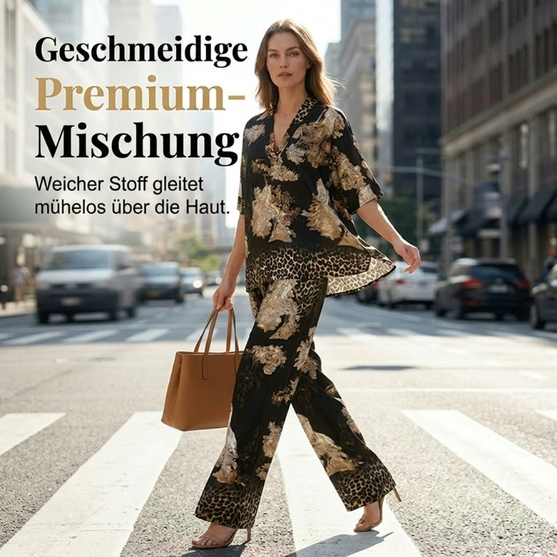 🔥🌊Damen-Set mit Print: Top mit V-Ausschnitt & lange Hose