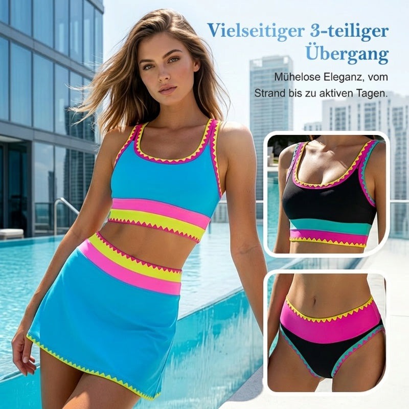 👙🌊 3-teiliges Damen Bikini-Set – Hohe Taille, Color-Block & Zickzack-Design für Strand & Urlaub