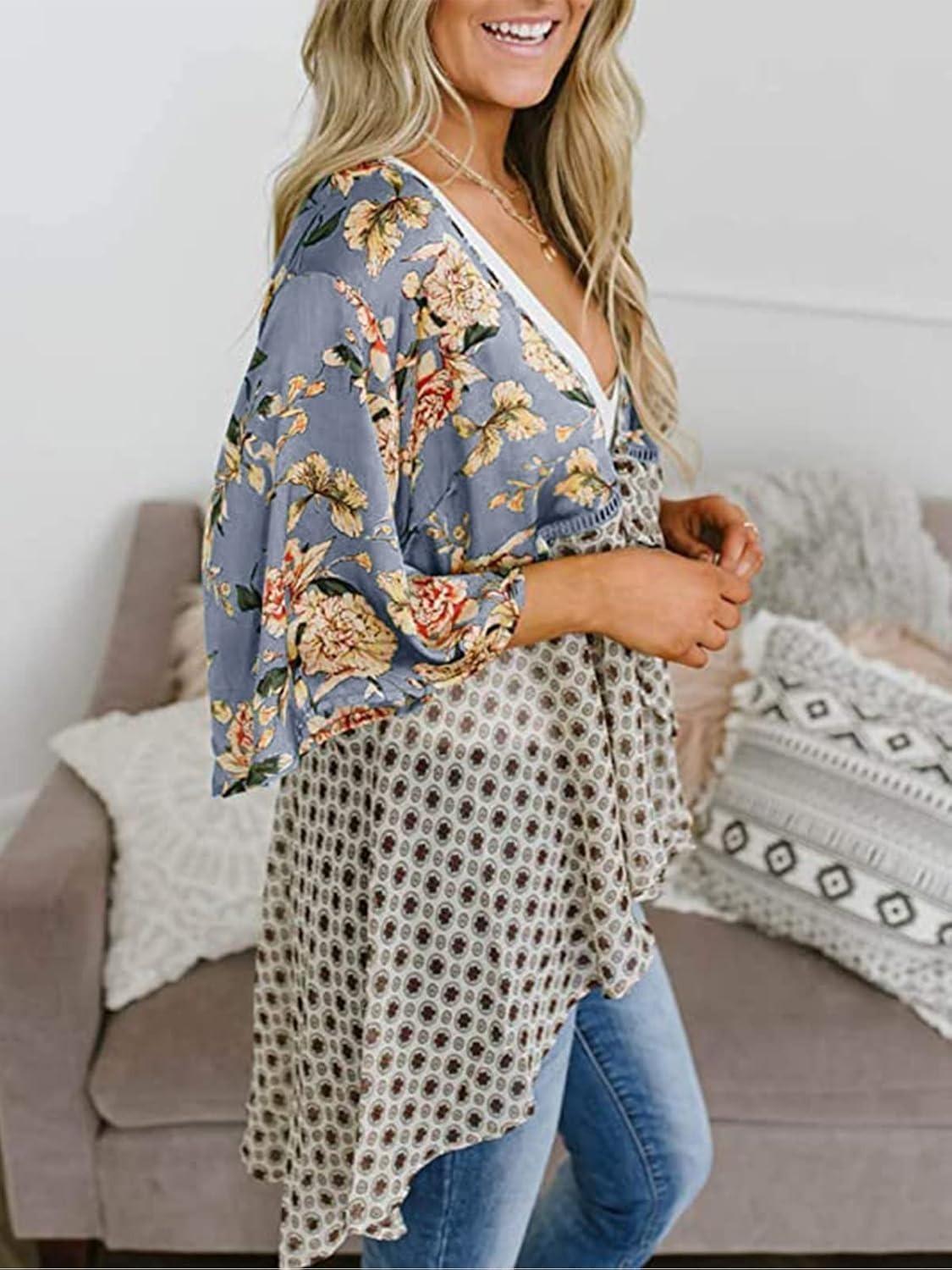 🌸Damen-Kimonos mit Blumenmuster, Rüschenärmeln und Bindegürtel – luftige Boho-Cardigans im lockeren Schnitt
