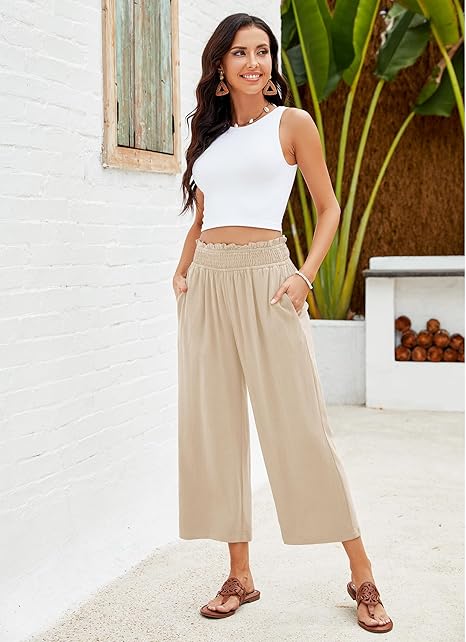 👖 Damen-Freizeithose – einfarbige Weitbeinhose mit hohem Bund, Kordelzug & Taschen, 7/8-Länge, bequem & vielseitig für Alltag & Sommer ☀️