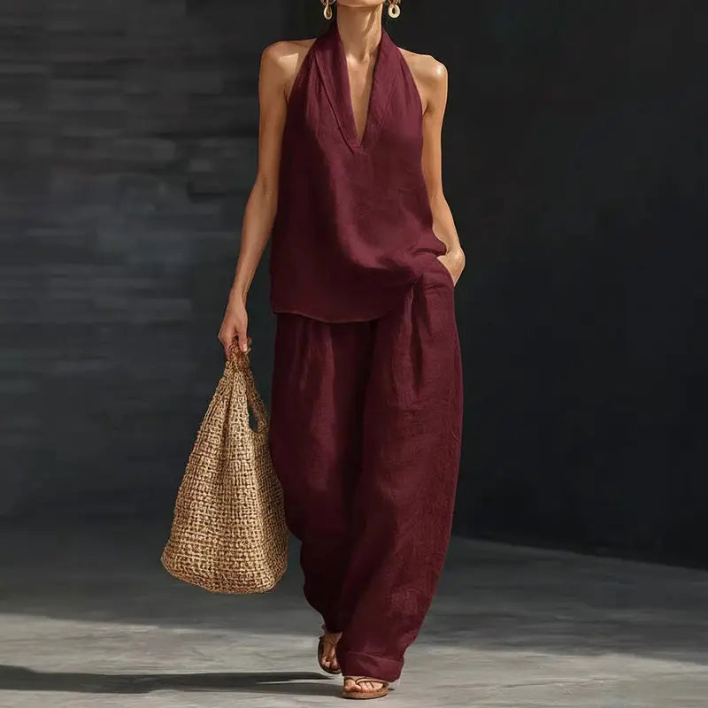 🧚‍♀️ Boho Linen Two Piece Set 🌞 Neckholder Trägertop & Weite Hosen Outfit
