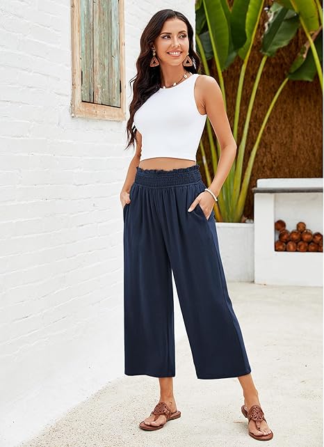 👖 Damen-Freizeithose – einfarbige Weitbeinhose mit hohem Bund, Kordelzug & Taschen, 7/8-Länge, bequem & vielseitig für Alltag & Sommer ☀️