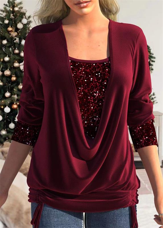 ✨🎅Weihnachtsangebote – Nur für kurze Zeit!⏰Damen-Langarmhemd mit Pailletten