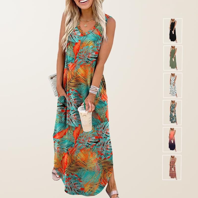 👗🌊 Damen Sommerkleid – Locker, Ärmellos, V-Ausschnitt mit Taschen, Ideal für Strand & Freizeit📦Kostenloser Versand🔥