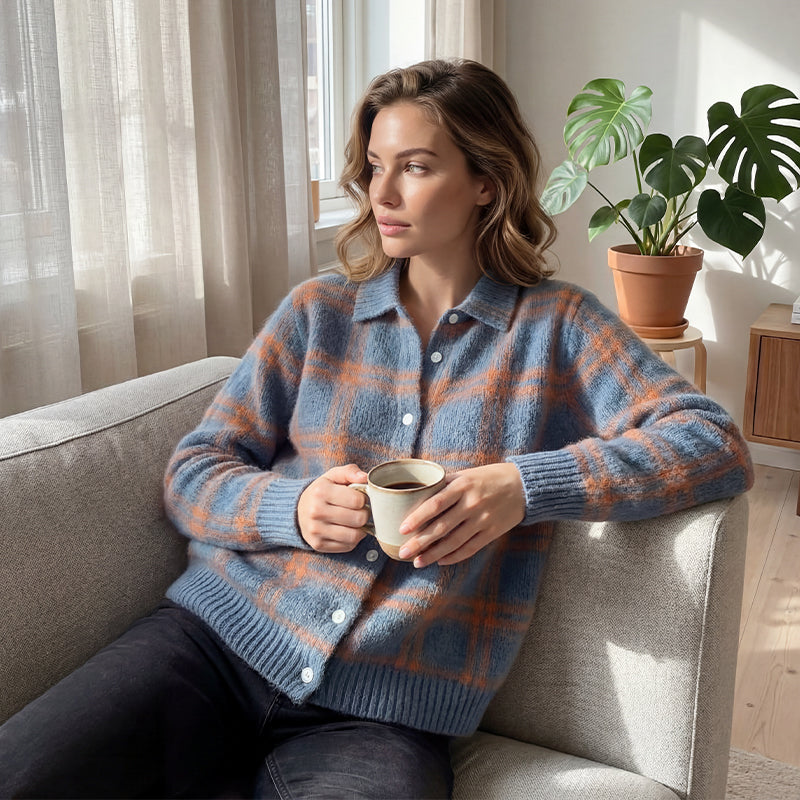⌛ Nur noch 3 Tage – 50 % auf alles! ⏰Damen-Strickjacke mit Karomuster und Knopfleiste