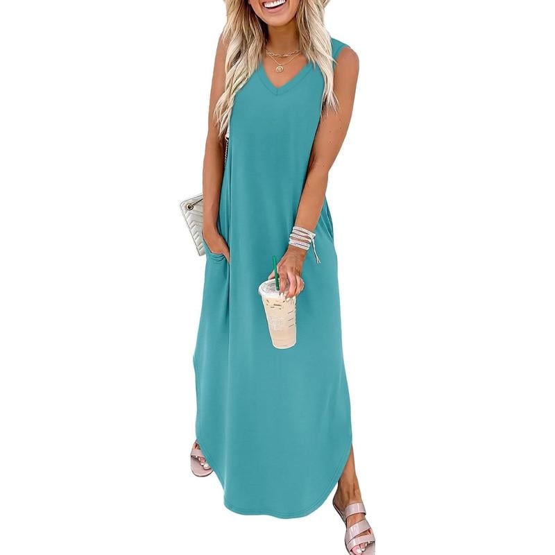 👗🌊 Damen Sommerkleid – Locker, Ärmellos, V-Ausschnitt mit Taschen, Ideal für Strand & Freizeit📦Kostenloser Versand🔥