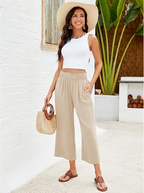 👖 Damen-Freizeithose – einfarbige Weitbeinhose mit hohem Bund, Kordelzug & Taschen, 7/8-Länge, bequem & vielseitig für Alltag & Sommer ☀️