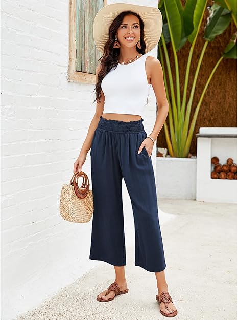 👖 Damen-Freizeithose – einfarbige Weitbeinhose mit hohem Bund, Kordelzug & Taschen, 7/8-Länge, bequem & vielseitig für Alltag & Sommer ☀️
