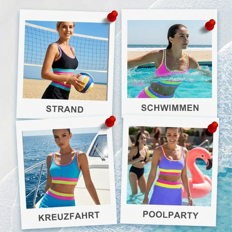 👙🌊 3-teiliges Damen Bikini-Set – Hohe Taille, Color-Block & Zickzack-Design für Strand & Urlaub