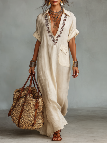 🔥New Arrivals & Special Offers-Women's Minimalist Linen Blend Embroidered Short-sleeved Shirt Maxi Dress