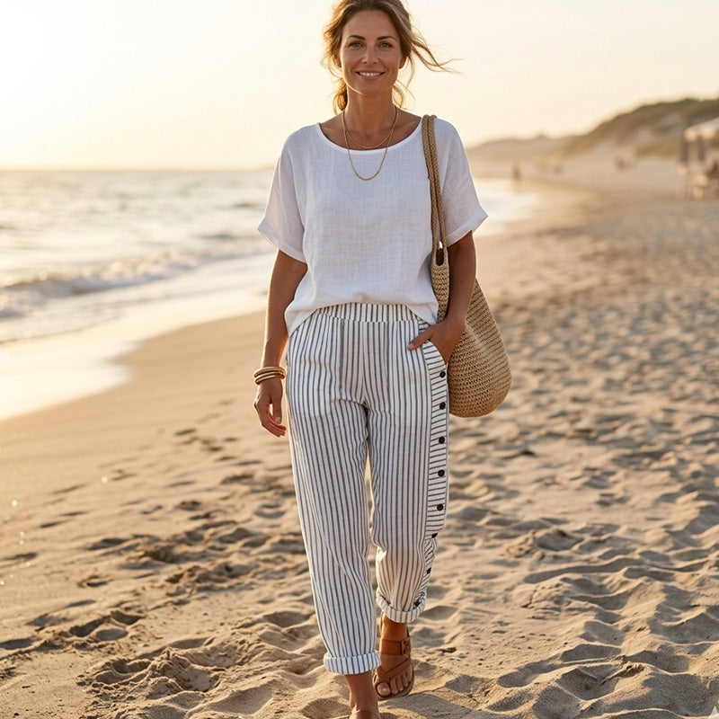 ☀️ Frühlings-Hot-Sale 50 % RABATT!! 🌿🌸 Bequeme blau gestreifte Hose mit Seitentaschen