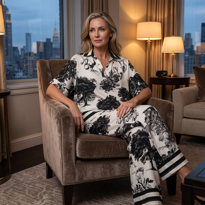 🔥🌊Damen-Set mit Print: Top mit V-Ausschnitt & lange Hose
