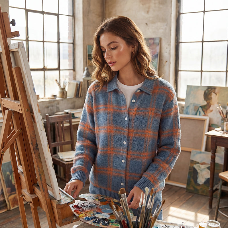 ⌛ Nur noch 3 Tage – 50 % auf alles! ⏰Damen-Strickjacke mit Karomuster und Knopfleiste