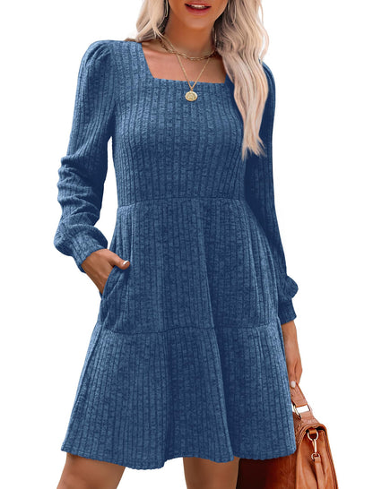 Damen geripptes Kleid mit quadratischem Ausschnitt und Laternenärmeln