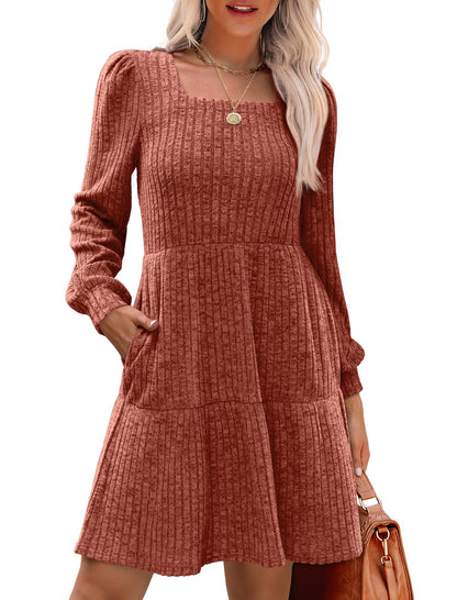 Damen geripptes Kleid mit quadratischem Ausschnitt und Laternenärmeln