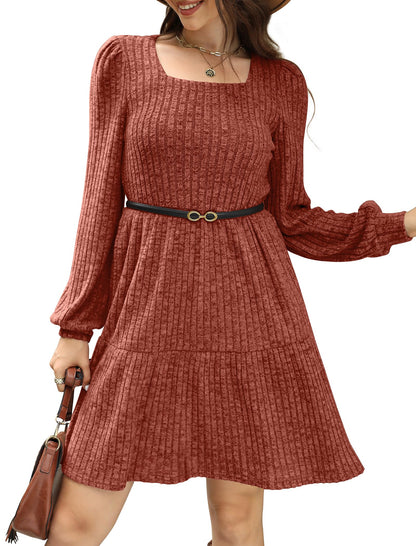 Damen geripptes Kleid mit quadratischem Ausschnitt und Laternenärmeln