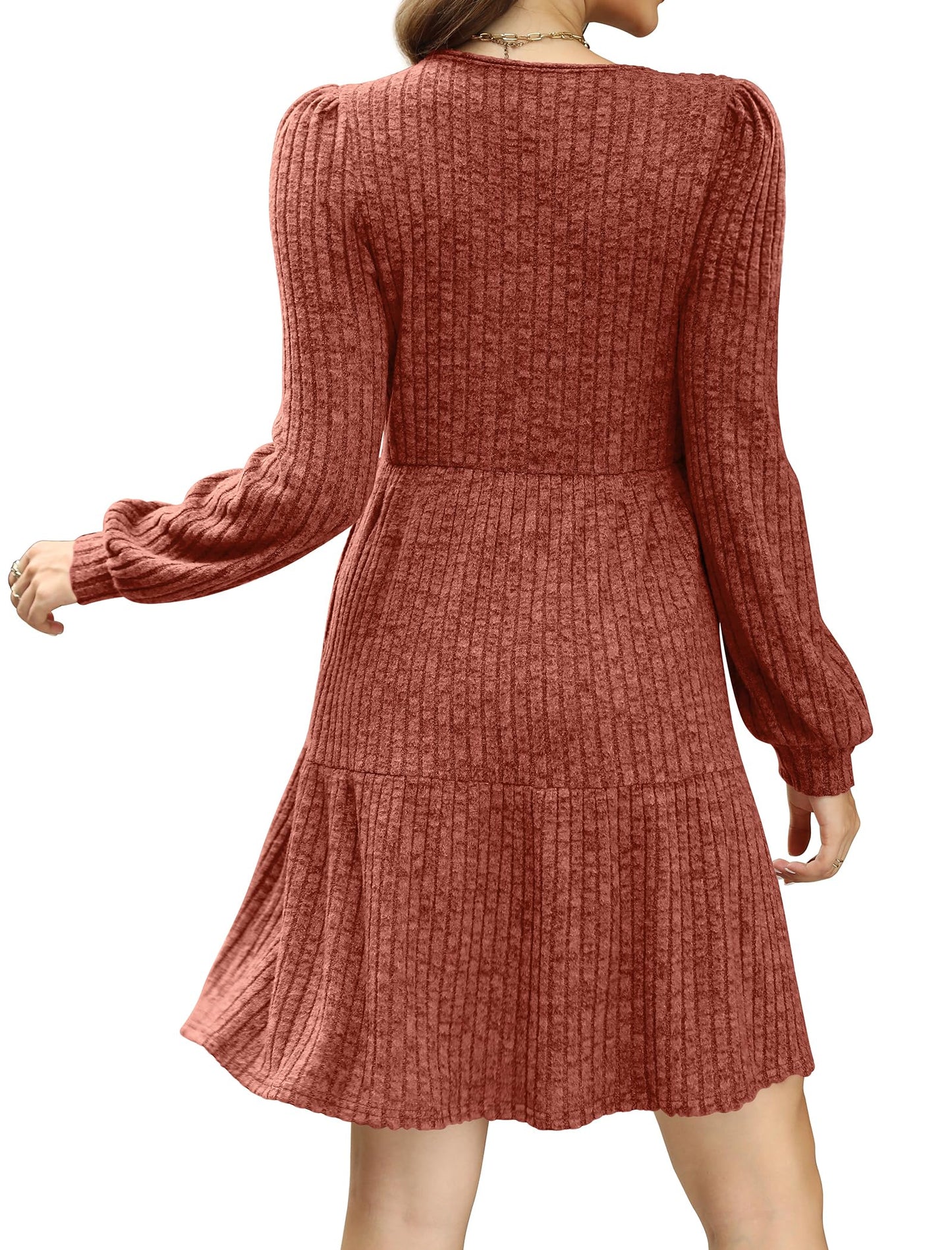 Damen geripptes Kleid mit quadratischem Ausschnitt und Laternenärmeln