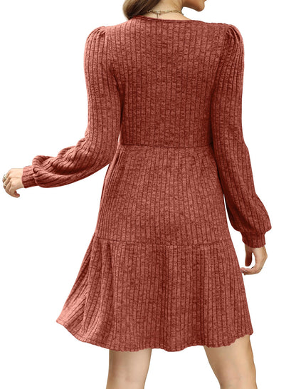 Damen geripptes Kleid mit quadratischem Ausschnitt und Laternenärmeln