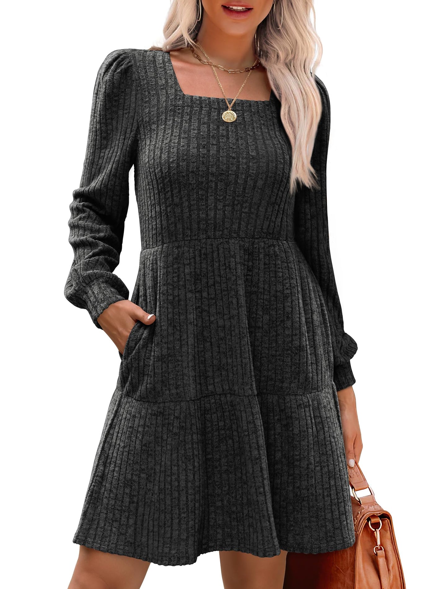Damen geripptes Kleid mit quadratischem Ausschnitt und Laternenärmeln
