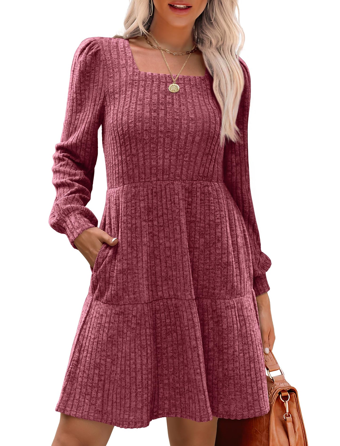 Damen geripptes Kleid mit quadratischem Ausschnitt und Laternenärmeln