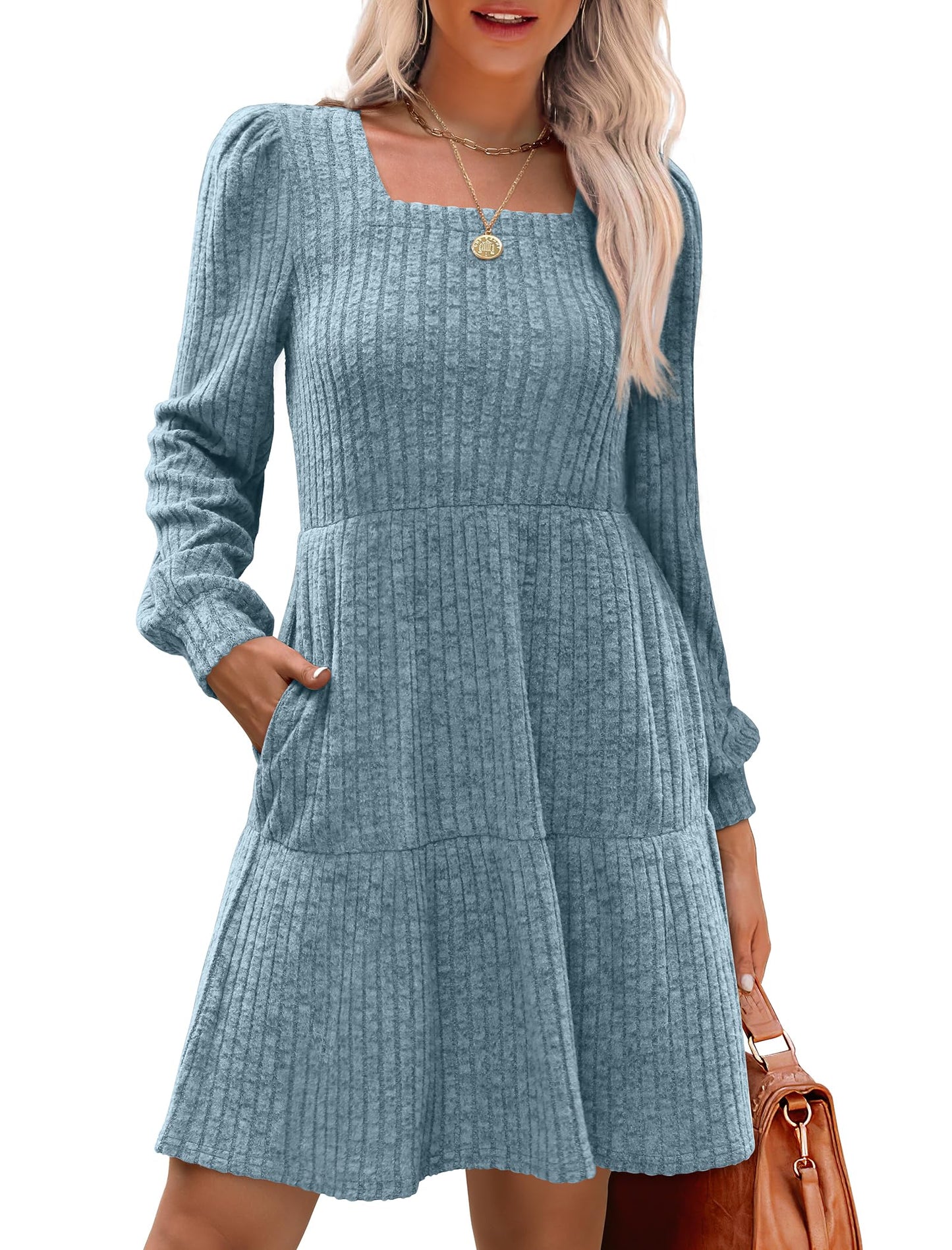 Damen geripptes Kleid mit quadratischem Ausschnitt und Laternenärmeln